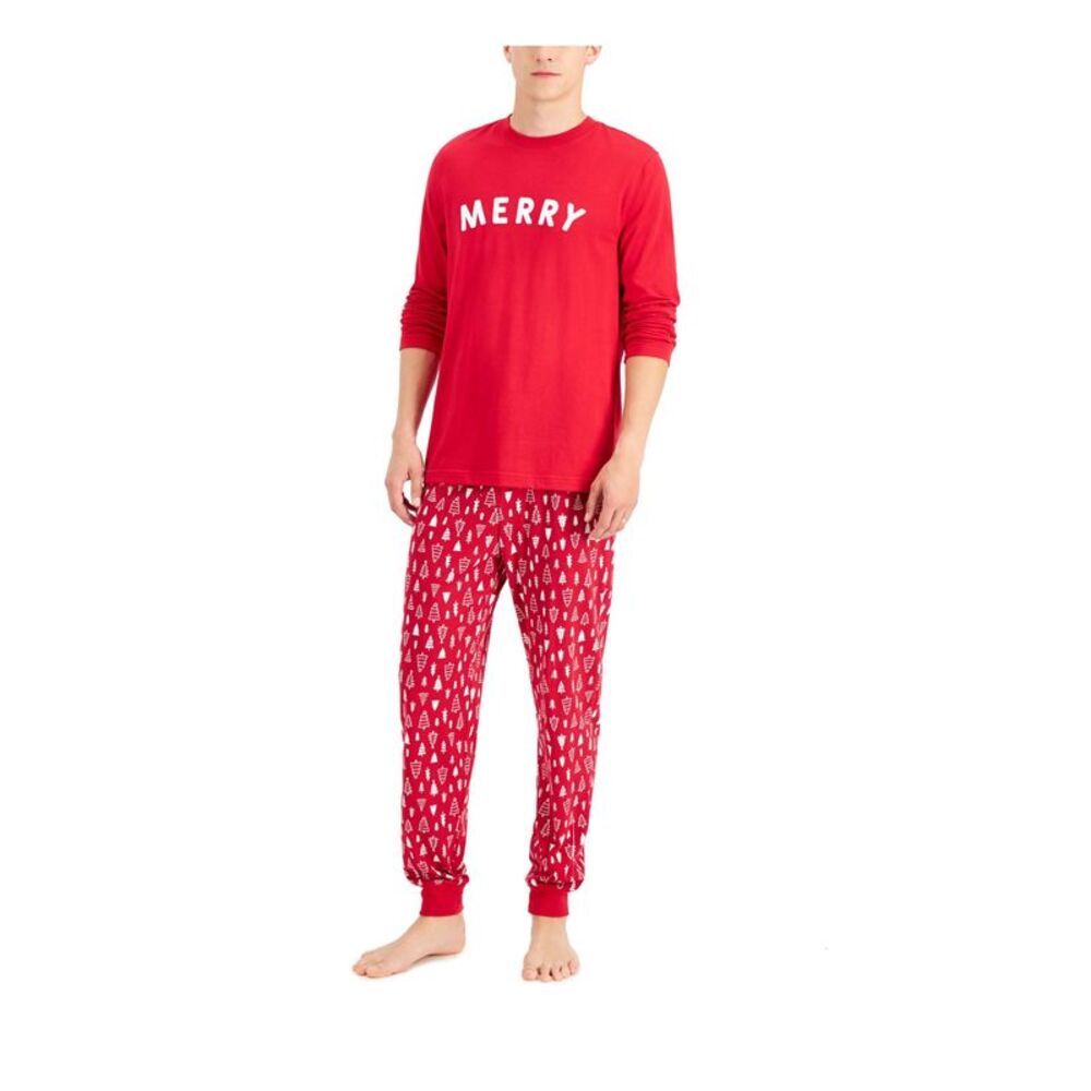 FAMILY PJs Mens Red Elastic Band Long Sleeve T-Shirt Top Cuffed Pants Pajamas M